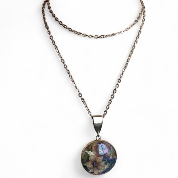 Gold Plated Floral Painted Glass Pendant Necklace 30 Inch Gold Plated Chain - Picture 3 of 7